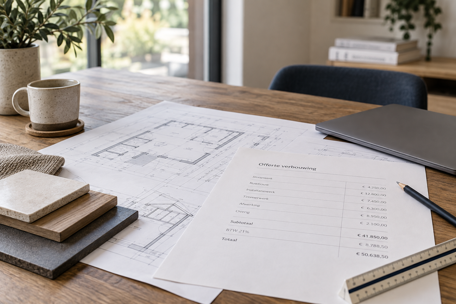 Bouwtekeningen en een renovatieofferte op een werktafel